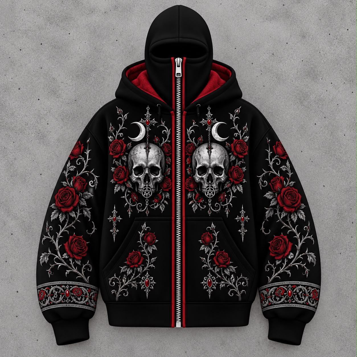 Red skull and rose gothic hoodie with the hood zipped into a mask